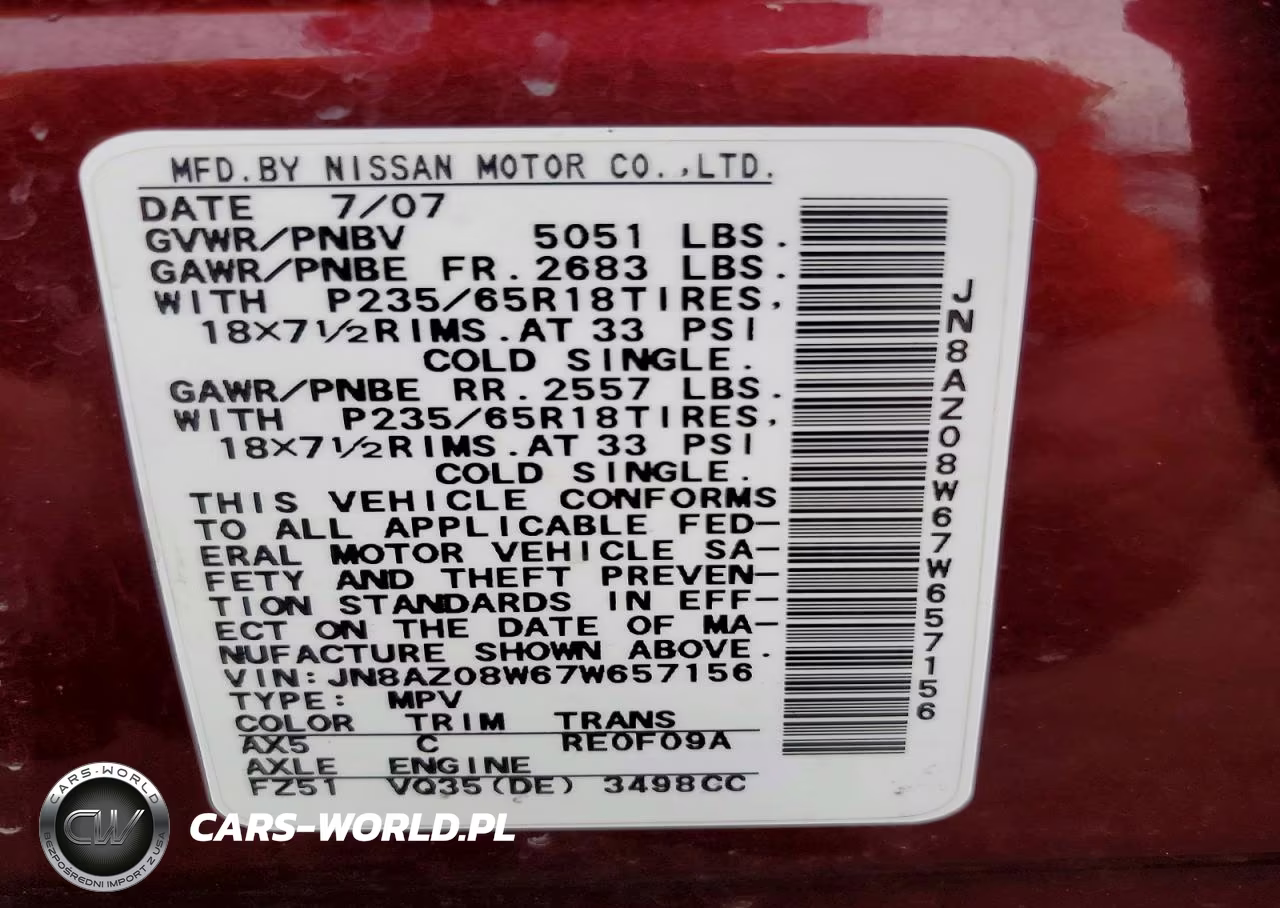 2007 Nissan Murano S VIN:JN8AZ08W67W657156 - 13