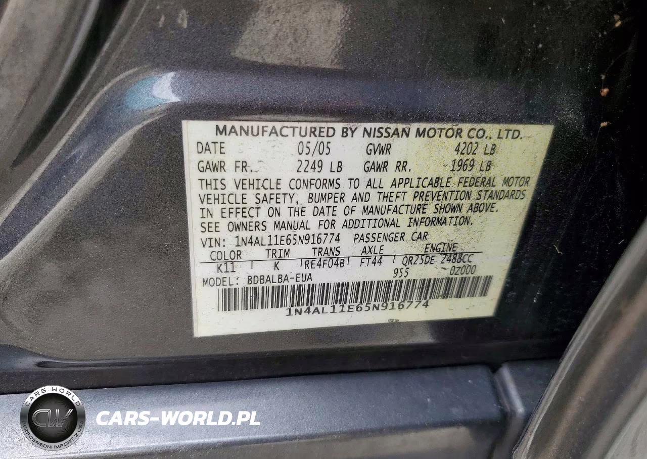 2005 Nissan Altima 2.5 VIN:1N4AL11E65N916774 - 13