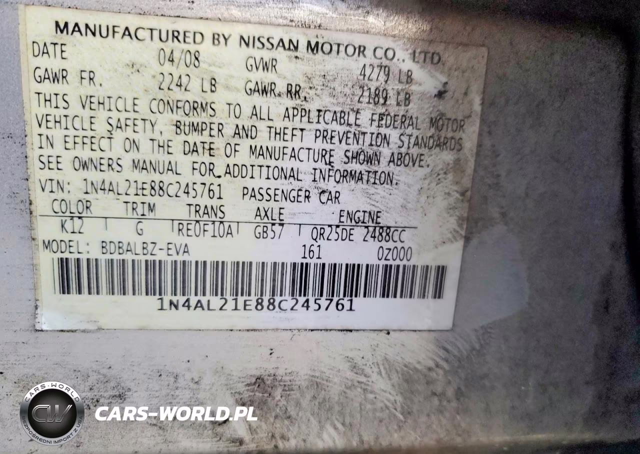 2008 Niss Altima VIN:1N4AL21E88C245761 - 13