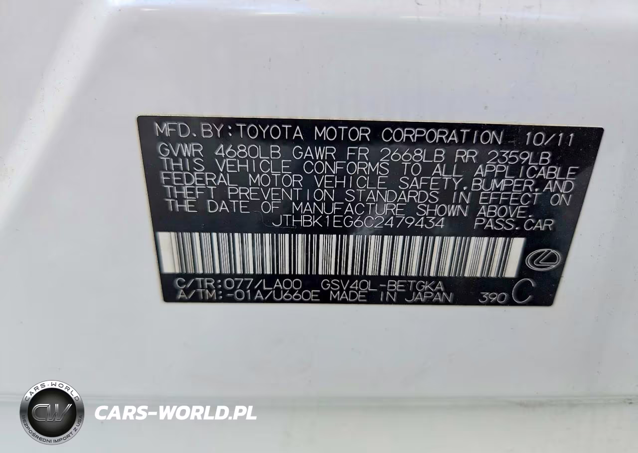 2012 Lexus Es 350 VIN:JTHBK1EG6C2479434 - 12