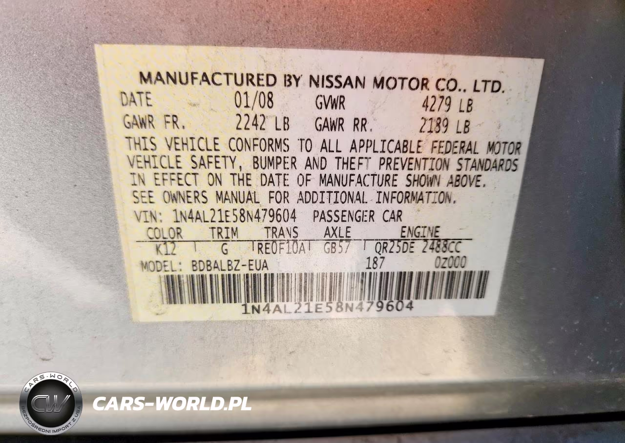 2008 Nissan Altima 2.5 VIN:1N4AL21E58N479604 - 12