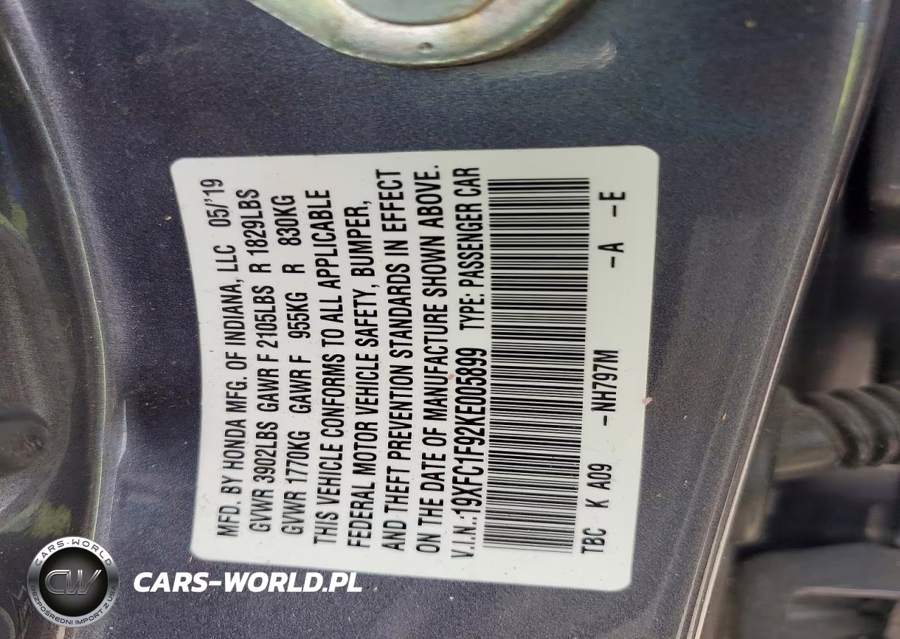 2019 Honda Civic Touring VIN:19XFC1F92KE005899 - 13