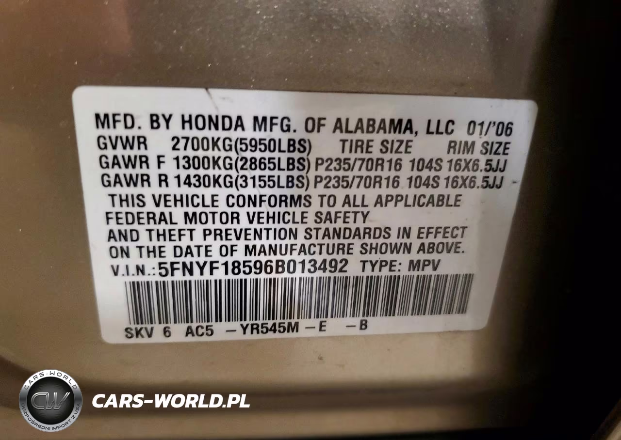 2006 Honda Pilot Ex VIN:5FNYF18596B013492 - 14
