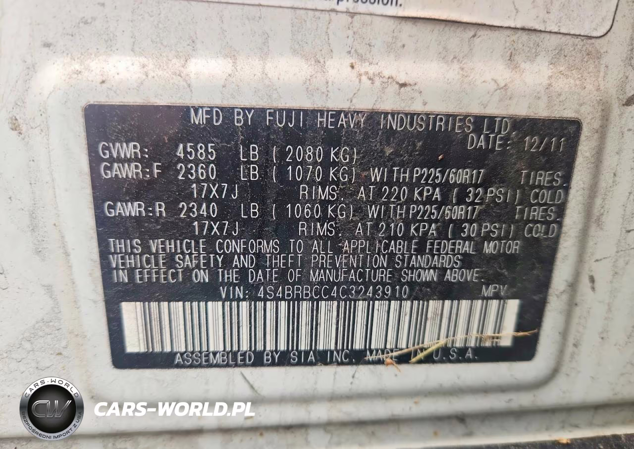 2012 Subaru Outback 2.5I Premium VIN:4S4BRBCC4C3243910 - 13