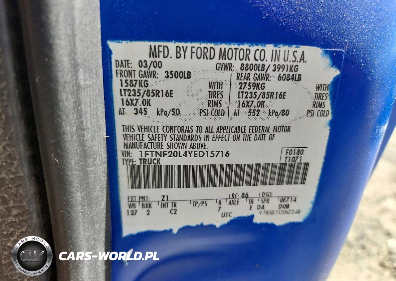 2000 Ford F250 Super Duty VIN:1FTNF20L4YED15716 - 12