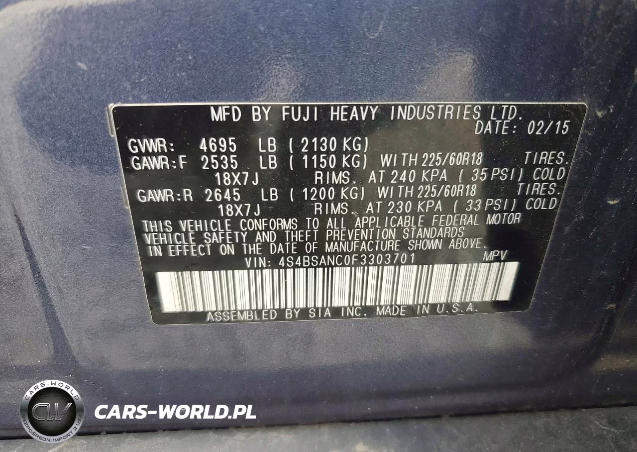 2015 Subaru Outback 2.5I Limited VIN:4S4BSANC0F3303701 - 13