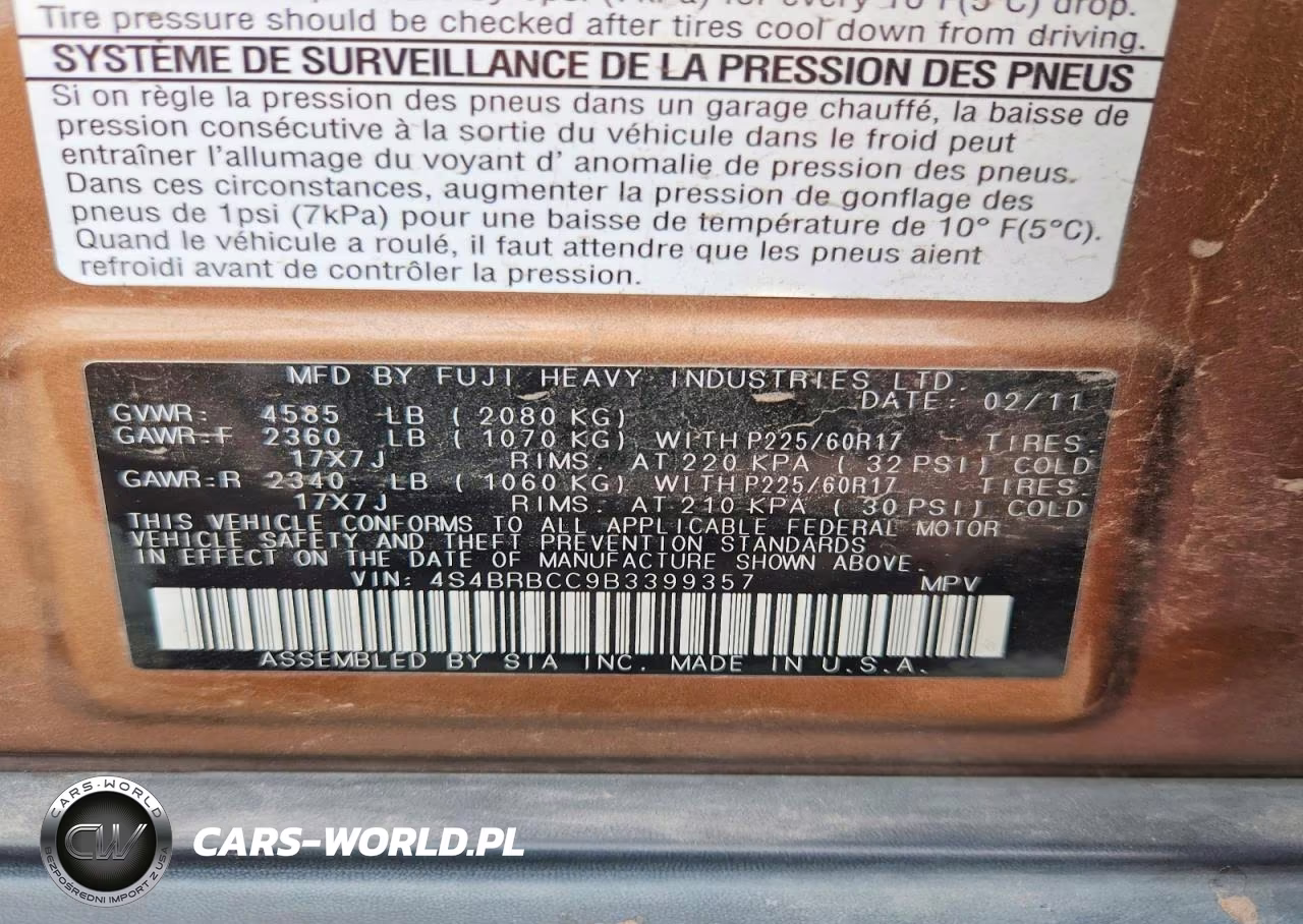 2011 Subaru Outback 2.5I Premium VIN:4S4BRBCC9B3399357 - 14