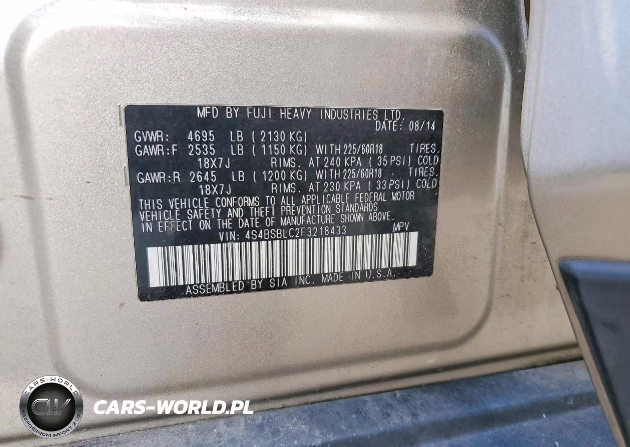 2015 Subaru Outback 2.5I Limited VIN:4S4BSBLC2F3218433 - 13