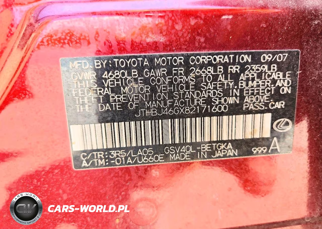 2008 Lexus Es 350 VIN:JTHBJ46GX82171600 - 12