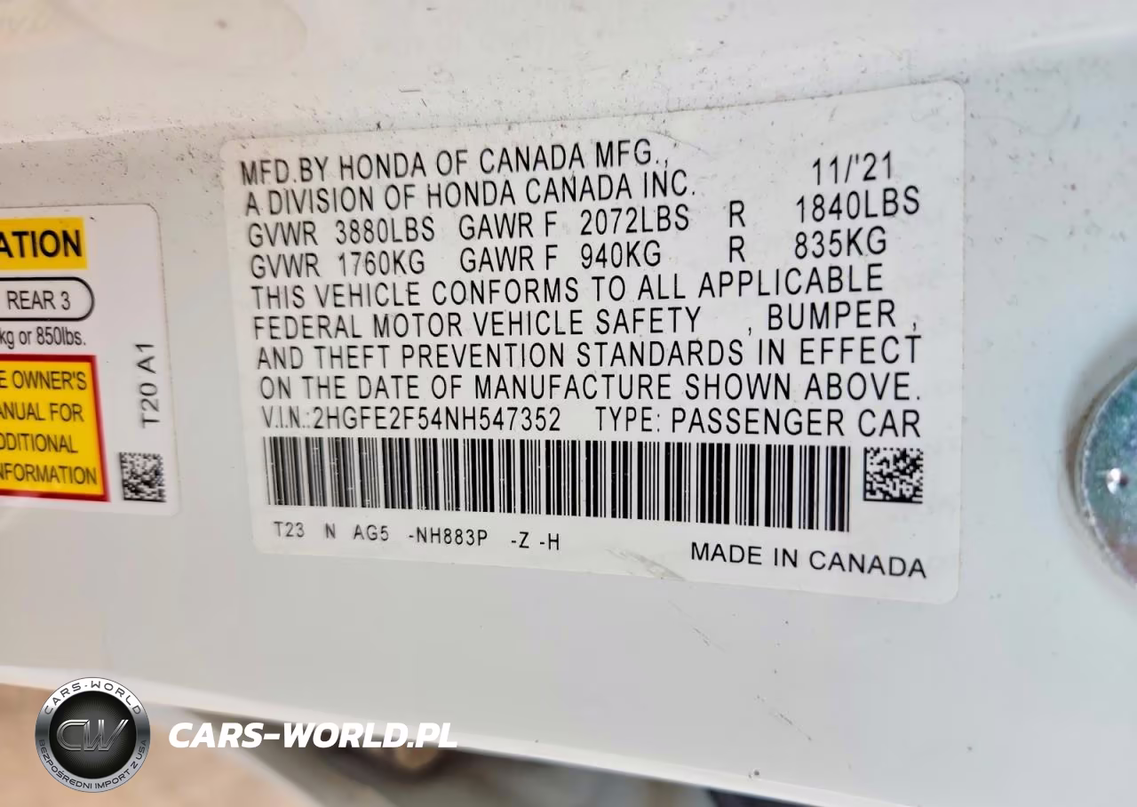 2022 Honda Civic Sport VIN:2HGFE2F54NH547352 - 12