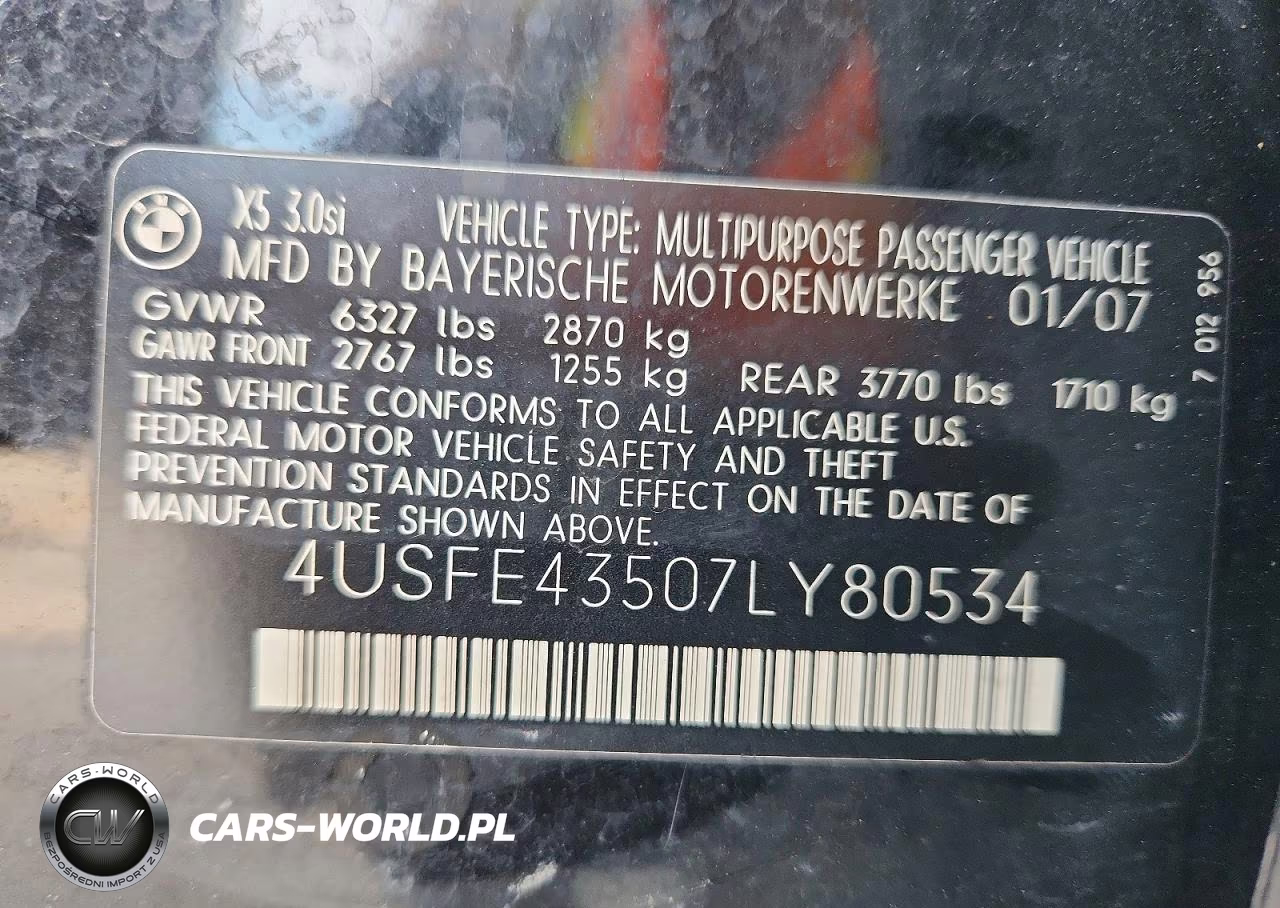 2007 BMW X5 3.0I VIN:4USFE43507LY80534 - 13