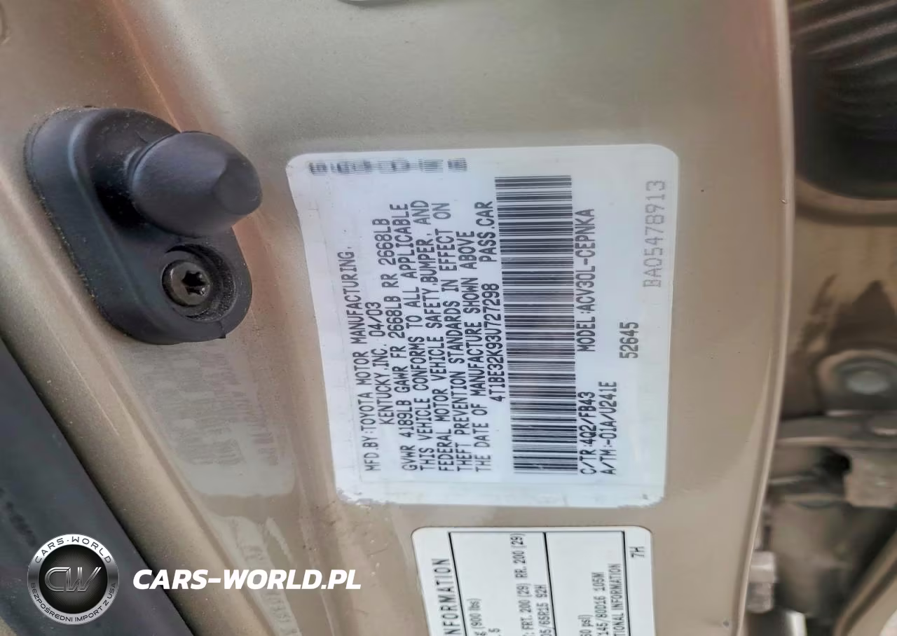 2003 Toyota Camry Le VIN:4T1BE32K93U727298 - 12