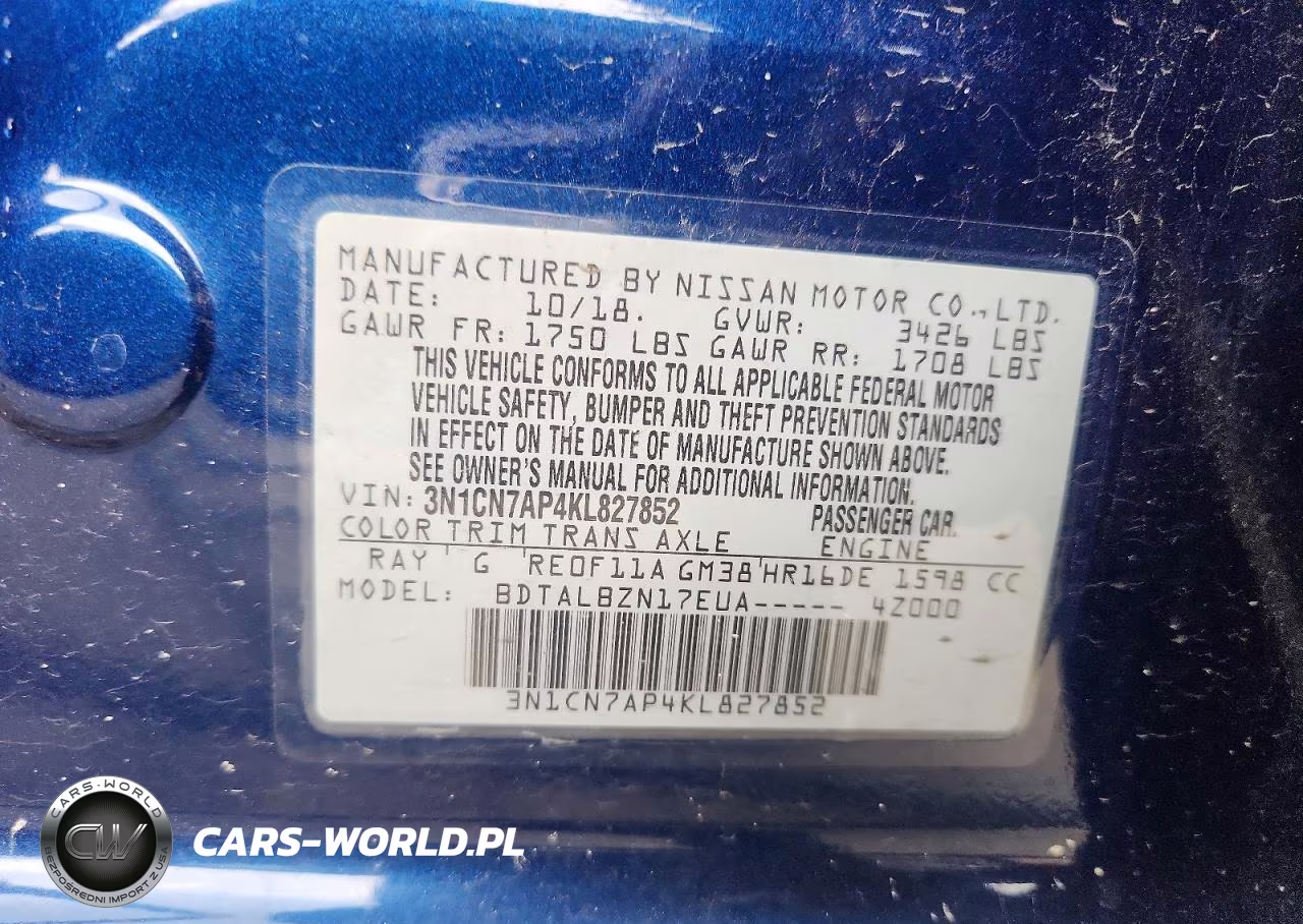 2019 Nissan Versa Sv VIN:3N1CN7AP4KL827852 - 12