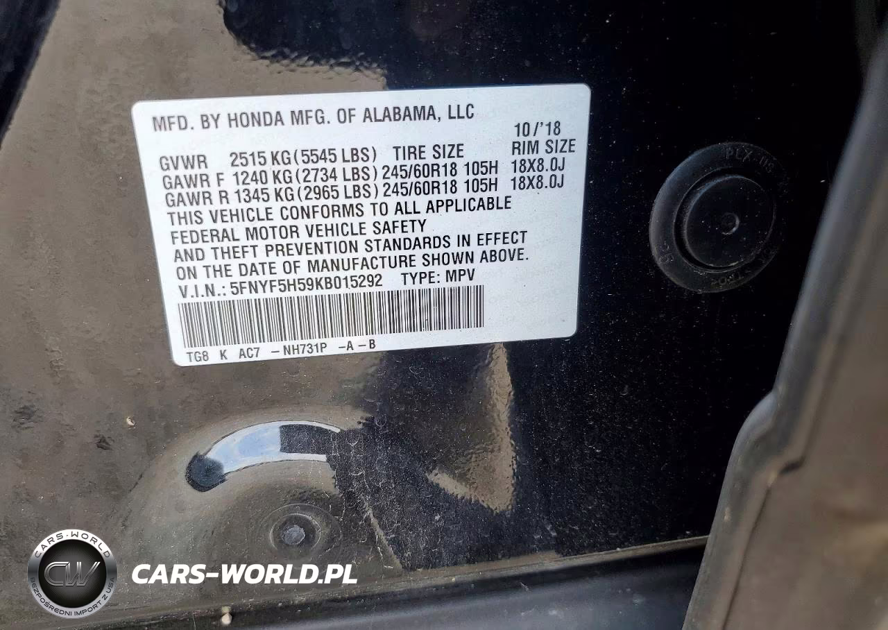 2019 Honda Pilot Exl VIN:5FNYF5H59KB015292 - 13
