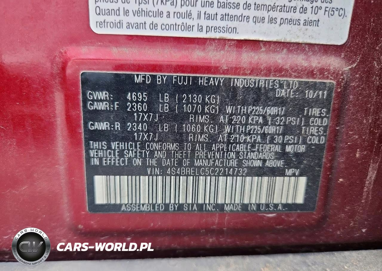 2012 Subaru Outback 3.6R Limited VIN:4S4BRELC5C2214732 - 13