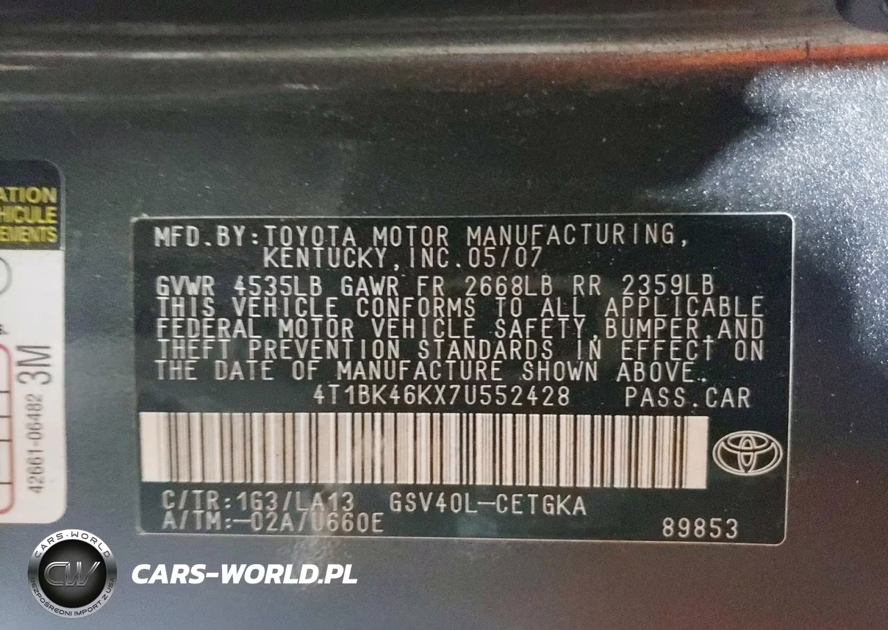 2007 Toyota Camry Xle V6 VIN:4T1BK46KX7U552428 - 13
