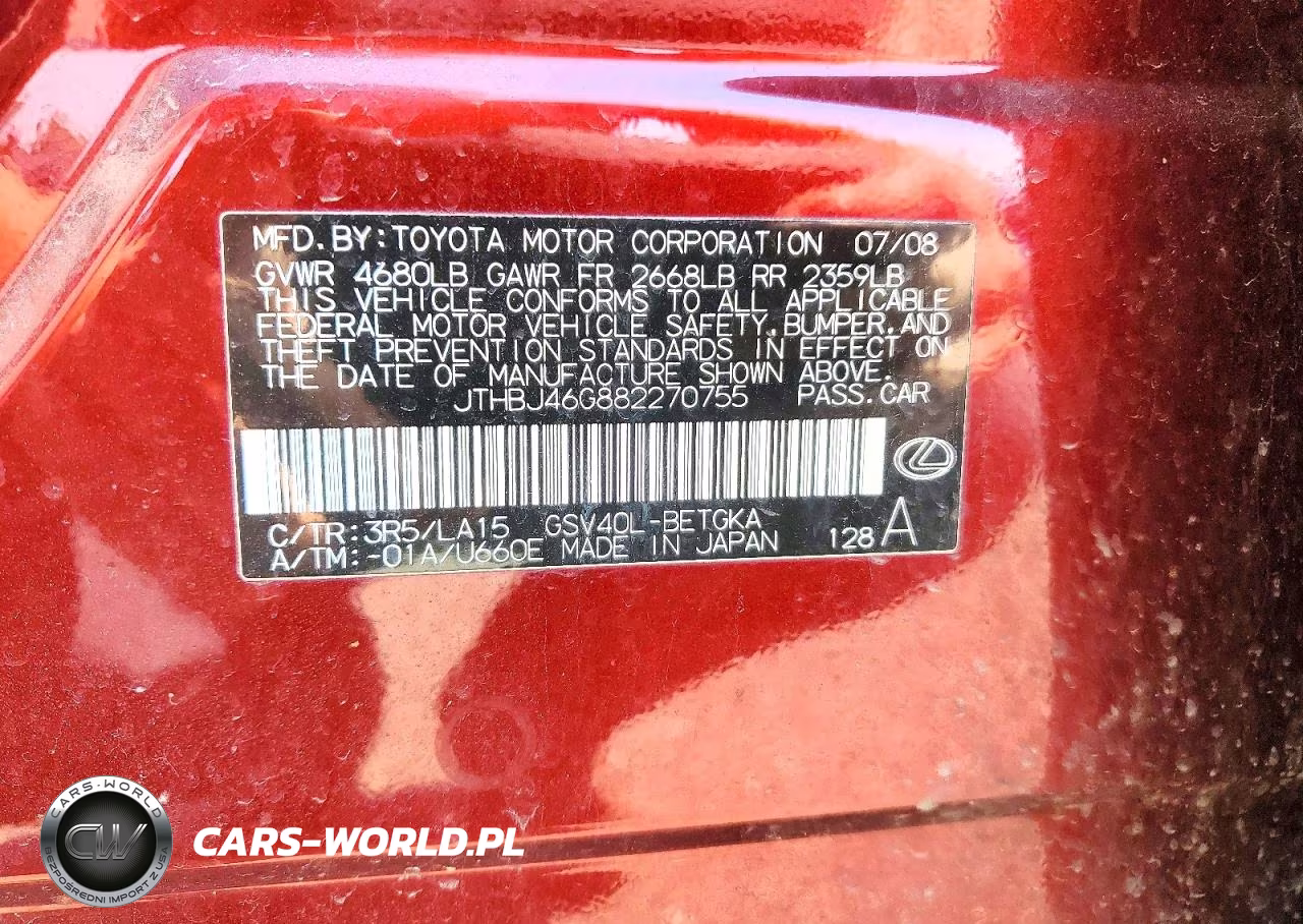 2008 Lexus Es 350 VIN:JTHBJ46G882270755 - 12