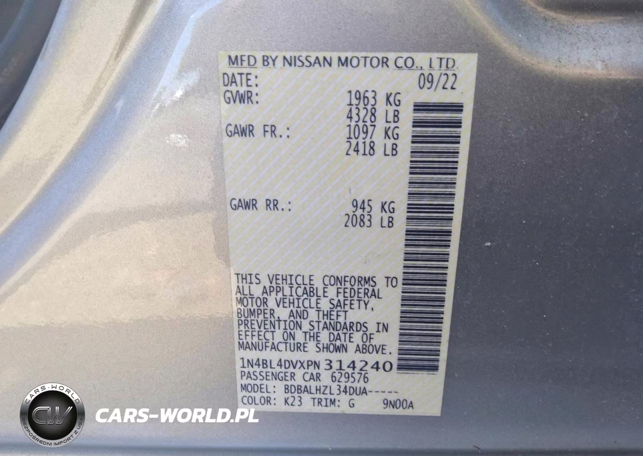 2023 Nissan Altima Sv VIN:1N4BL4DVXPN314240 - 12