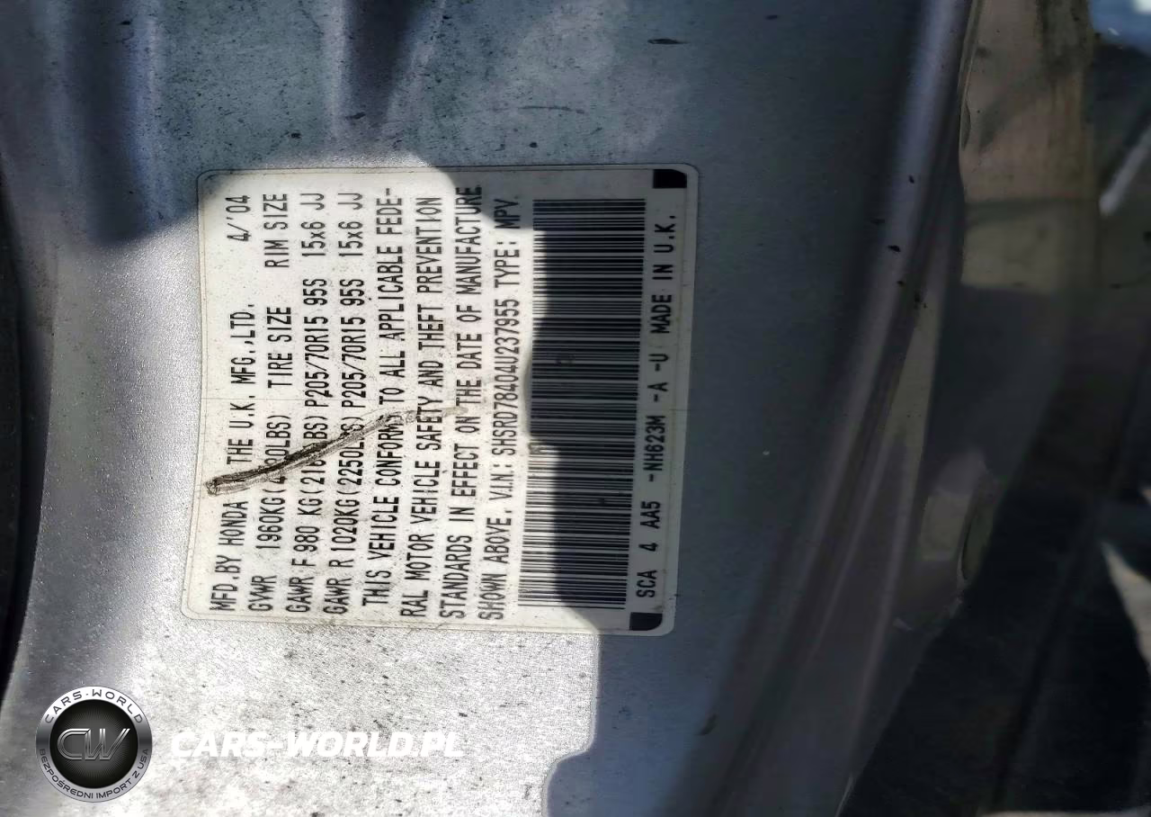2004 Honda Cr-V Lx VIN:SHSRD78404U237955 - 12