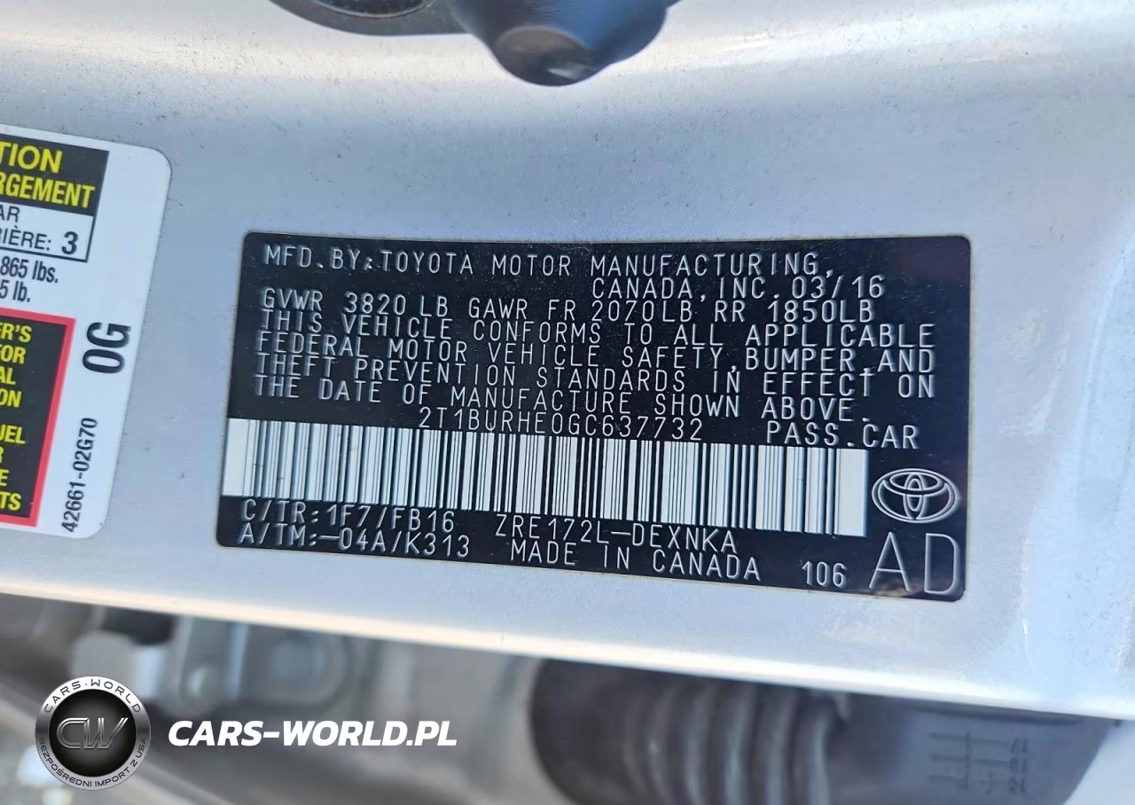 2016 Toyota Corolla Le VIN:2T1BURHE0GC637732 - 12