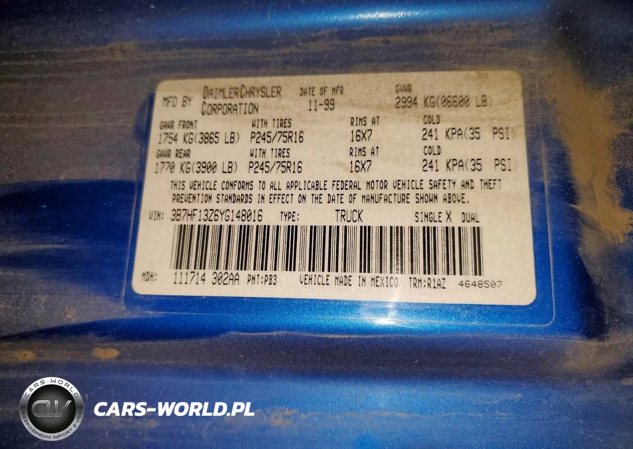 2000 Dodge Ram 1500 VIN:3B7HF13Z6YG148016 - 12