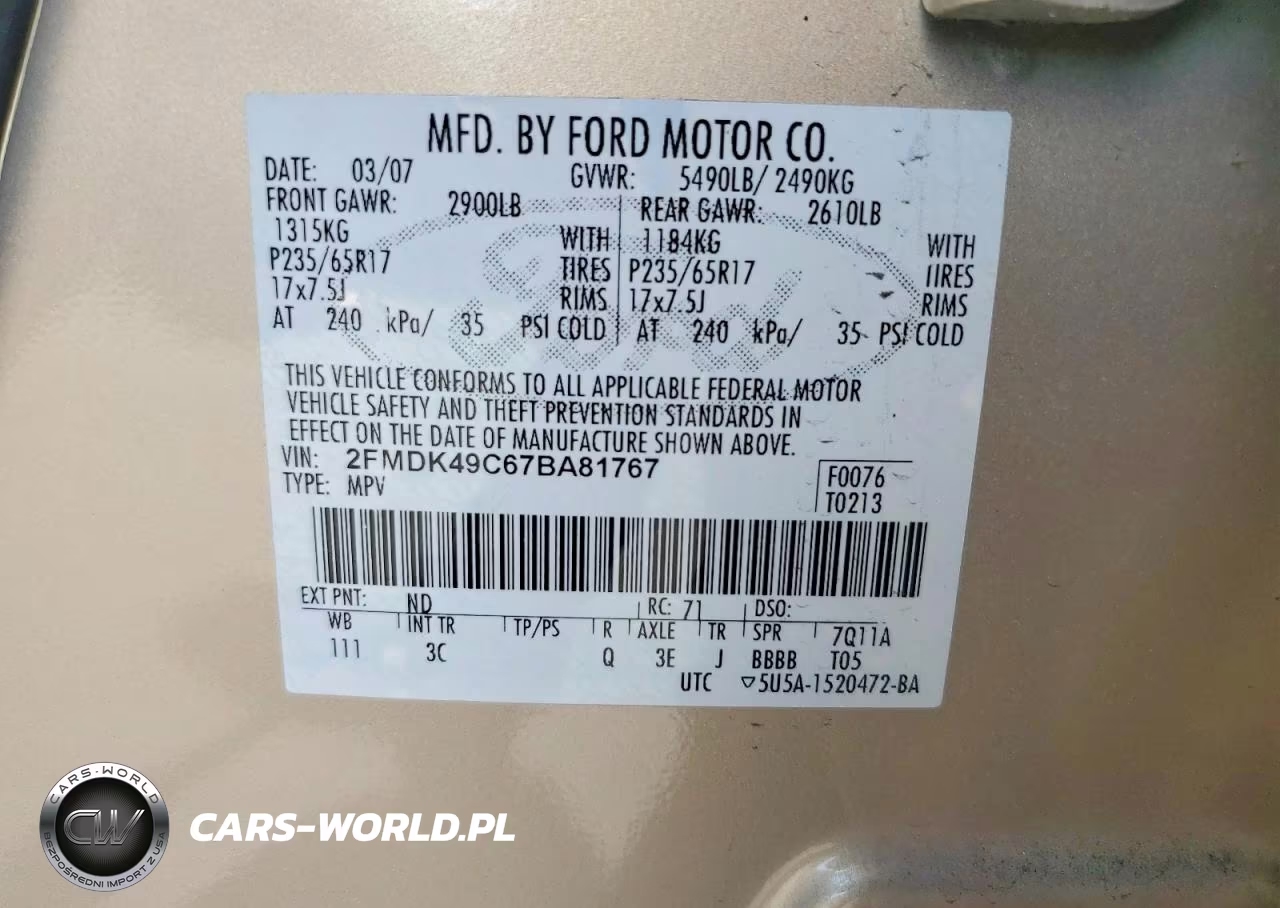 2007 Ford Edge Sel Plus VIN:2FMDK49C67BA81767 - 13
