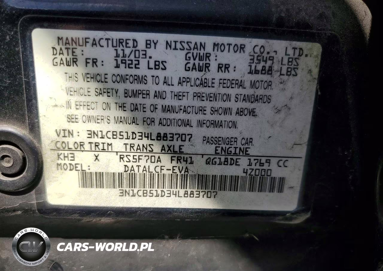 2004 Nissan Sentra 1.8 VIN:3N1CB51D34L883707 - 12