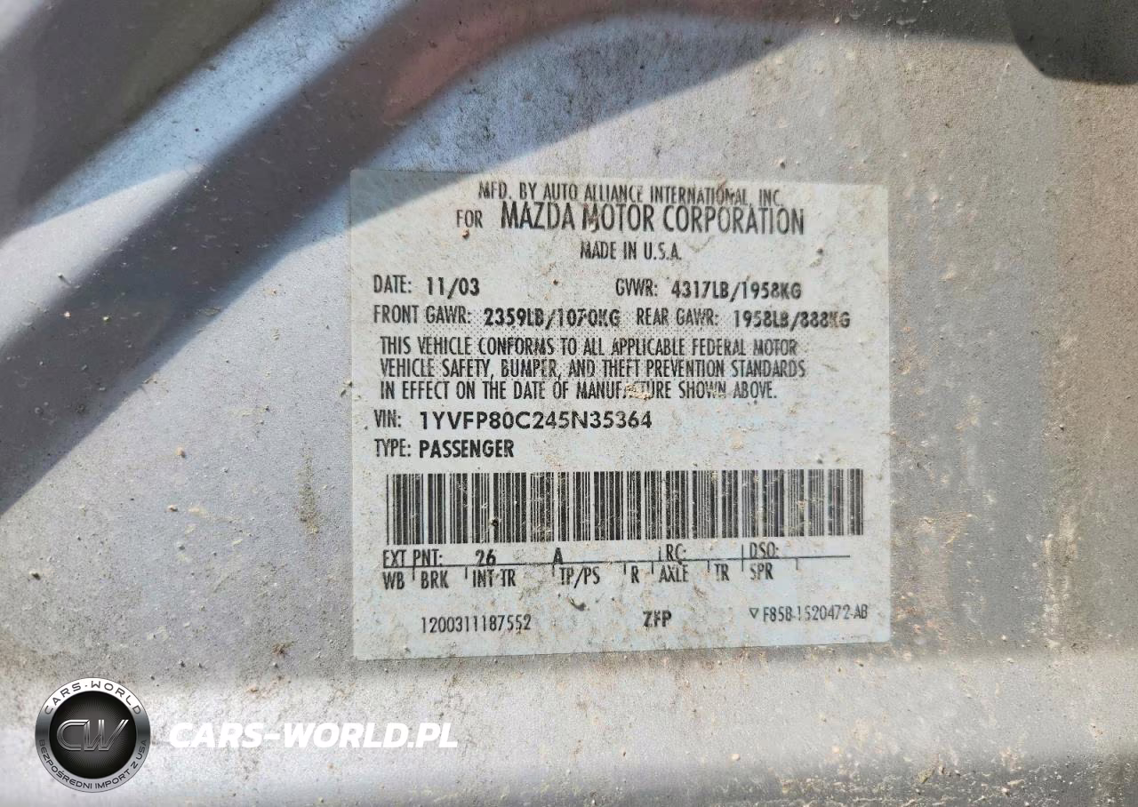 2004 Mazda 6 I VIN:1YVFP80C245N35364 - 12