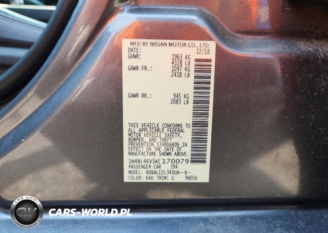 2019 Nissan Altima Sl VIN:1N4BL4EV5KC170079 - 13