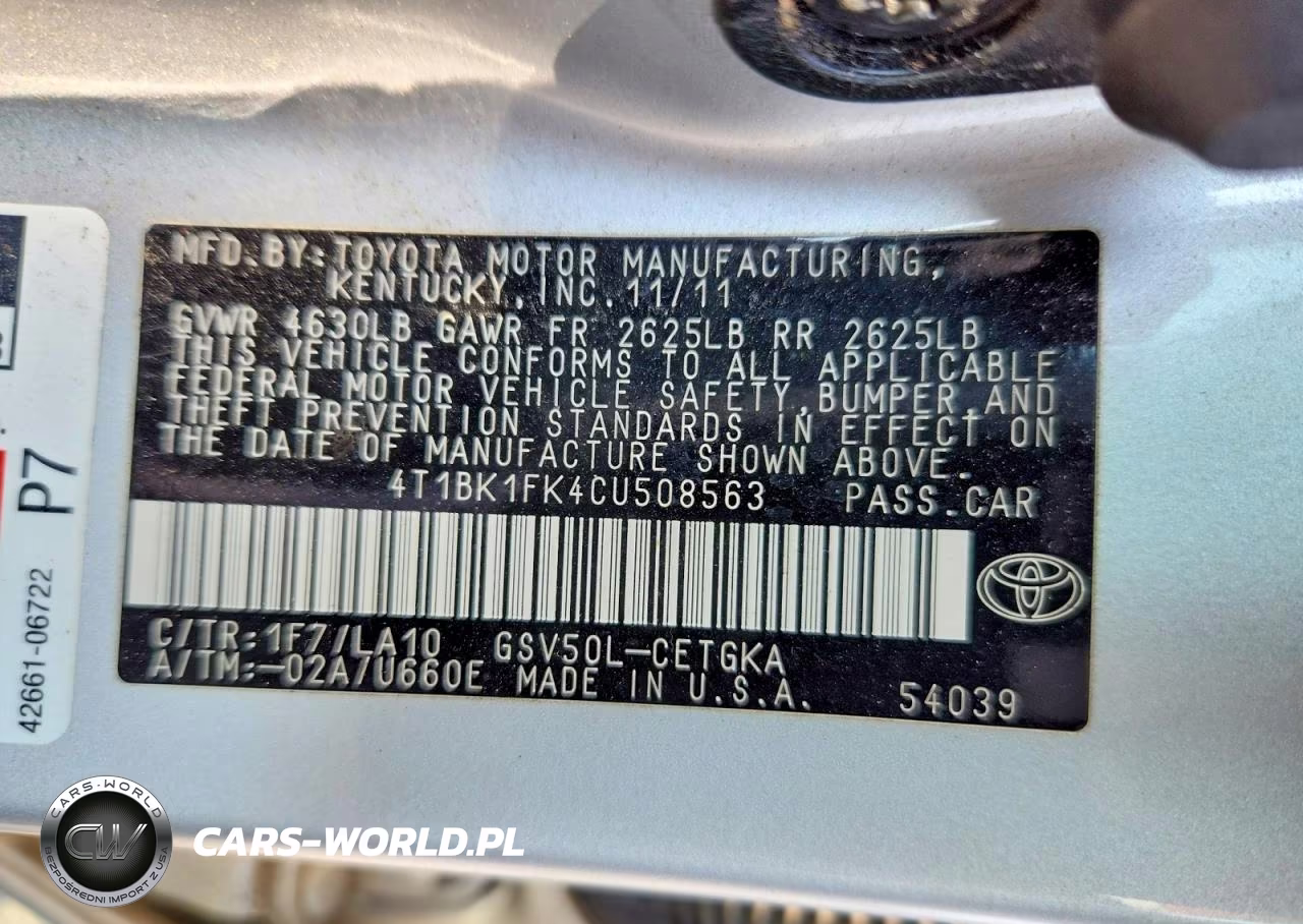 2012 Toyota Camry Xle V6 VIN:4T1BK1FK4CU508563 - 12