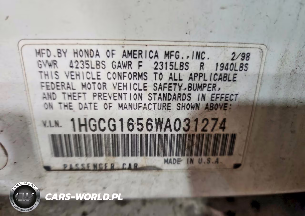 1998 Honda Accord Ex VIN:1HGCG1656WA031274 - 12