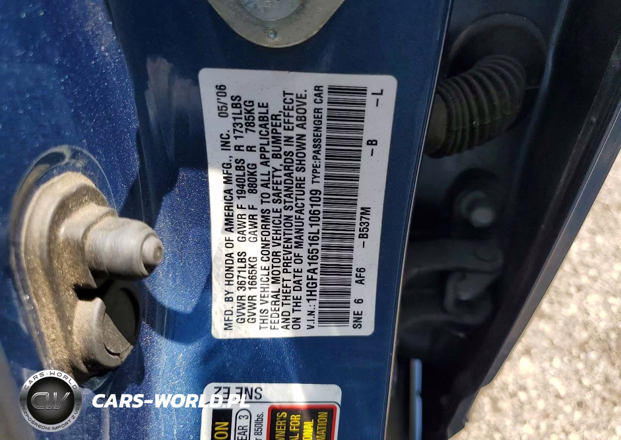 2006 Honda Civic Lx VIN:1HGFA16516L106109 - 12