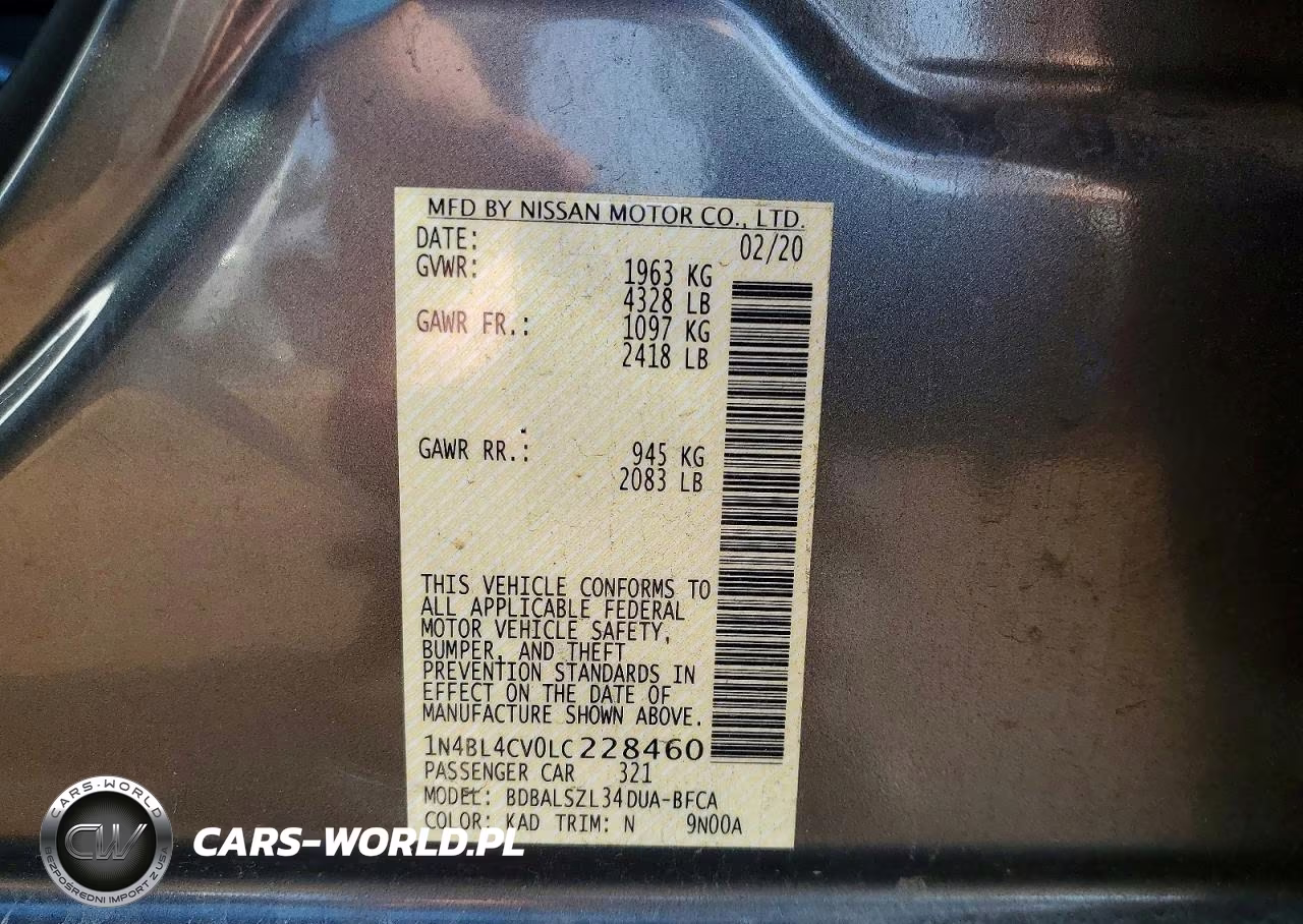 2020 Nissan Altima Sr VIN:1N4BL4CV0LC228460 - 12