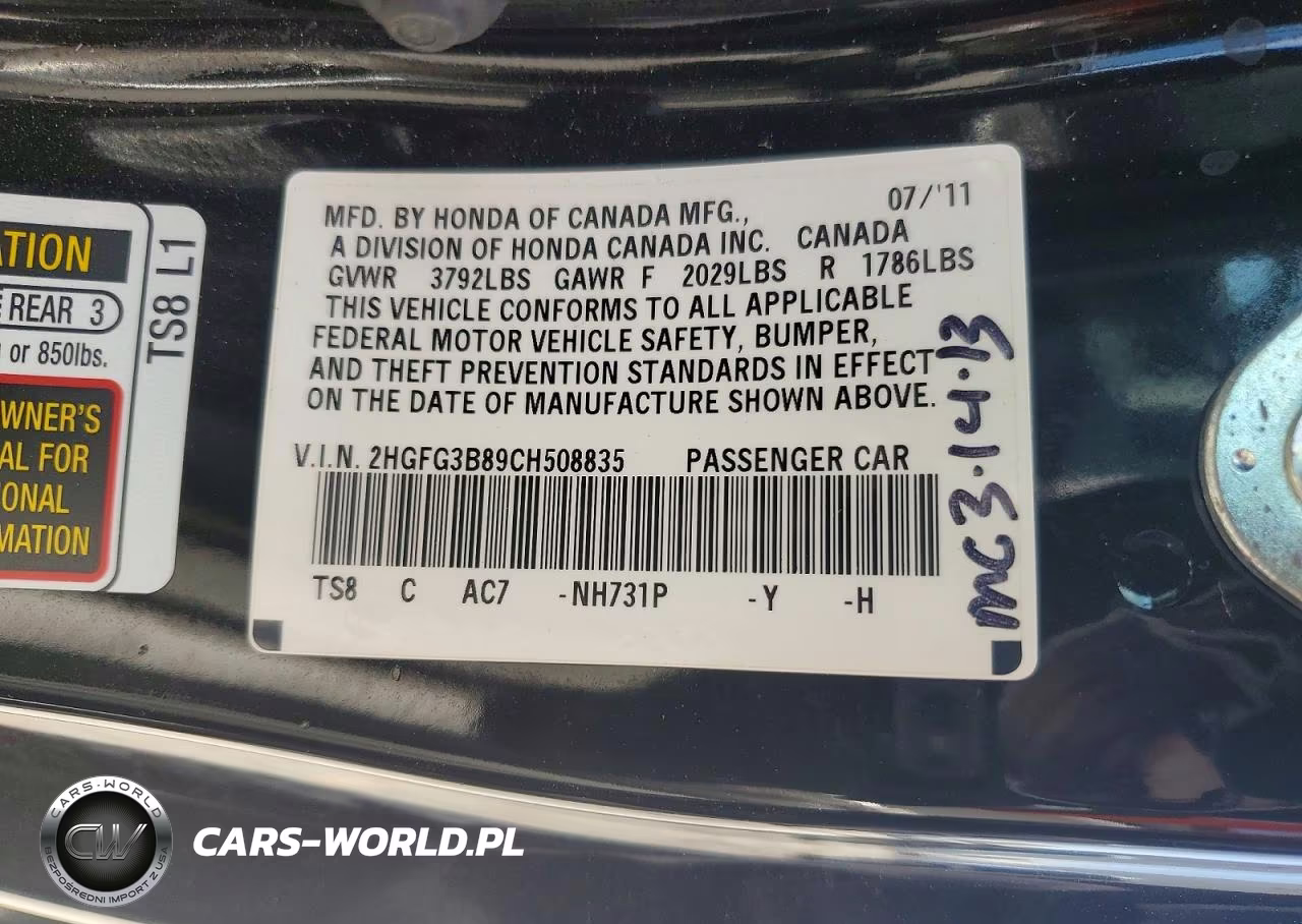 2012 Honda Civic Ex VIN:2HGFG3B89CH508835 - 12