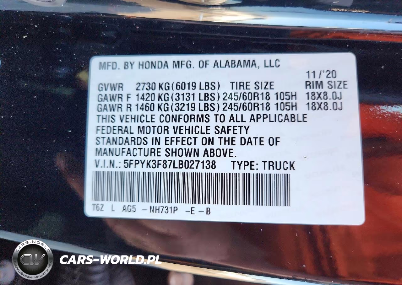 2020 Honda Ridgeline Black Edition VIN:5FPYK3F87LB027138 - 13