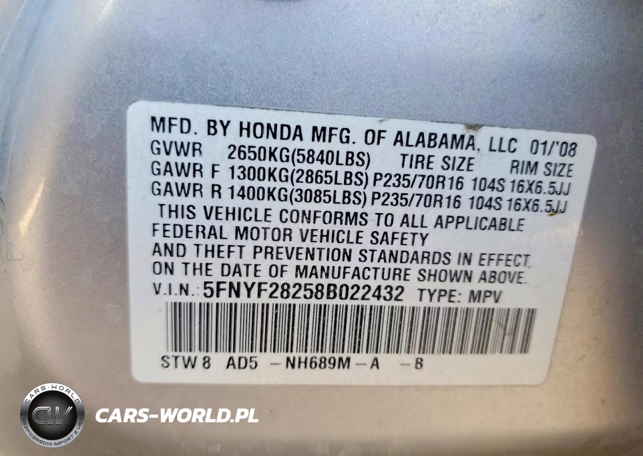 2008 Honda Pilot Vp VIN:5FNYF28258B022432 - 14