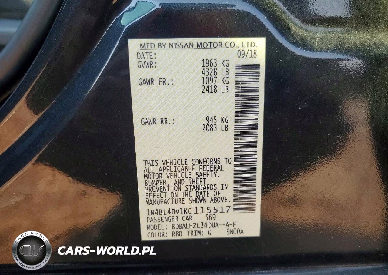 2019 Nissan Altima Sv VIN:1N4BL4DV1KC115517 - 12