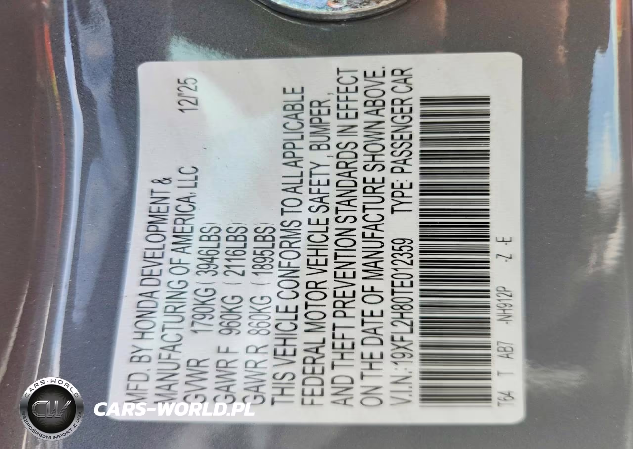 2026 Honda Civic Sport VIN:19XFL2H80TE012359 - 12