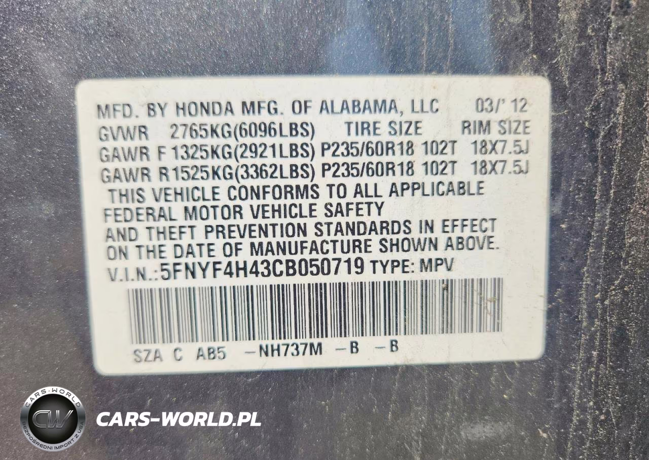 2012 Honda Pilot Ex VIN:5FNYF4H43CB050719 - 13