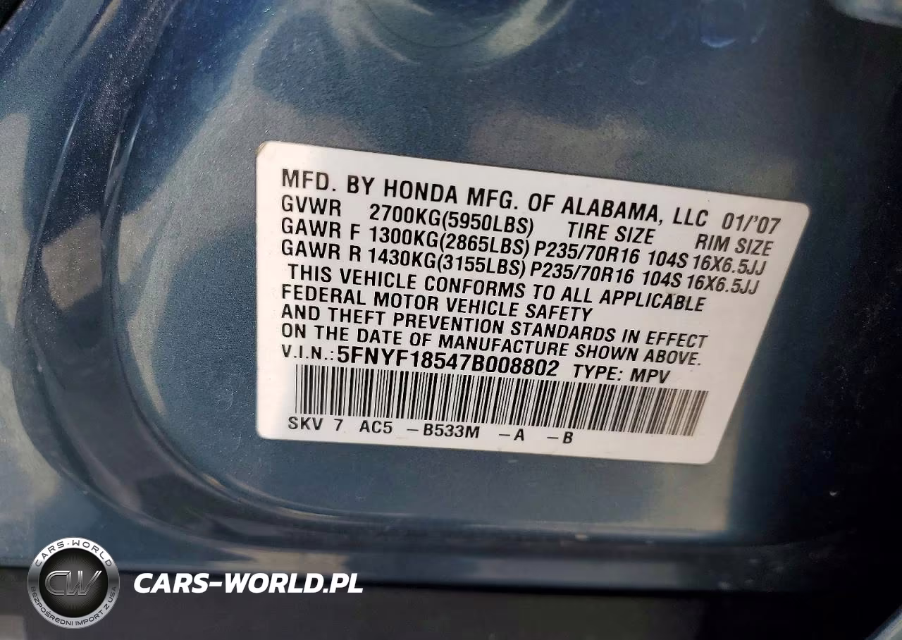 2007 Honda Pilot Exl VIN:5FNYF18547B008802 - 14