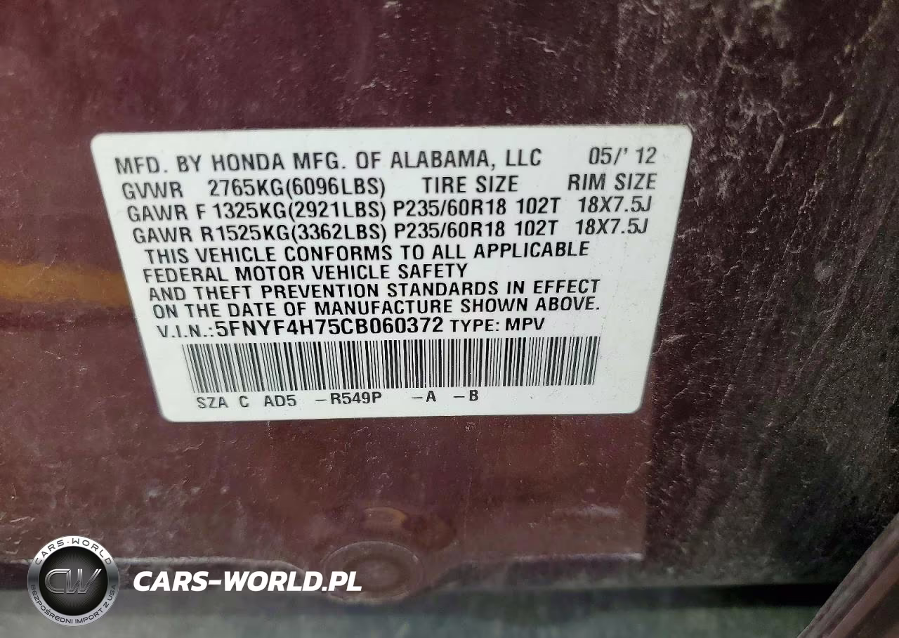 2012 Honda Pilot Exln VIN:5FNYF4H75CB060372 - 13