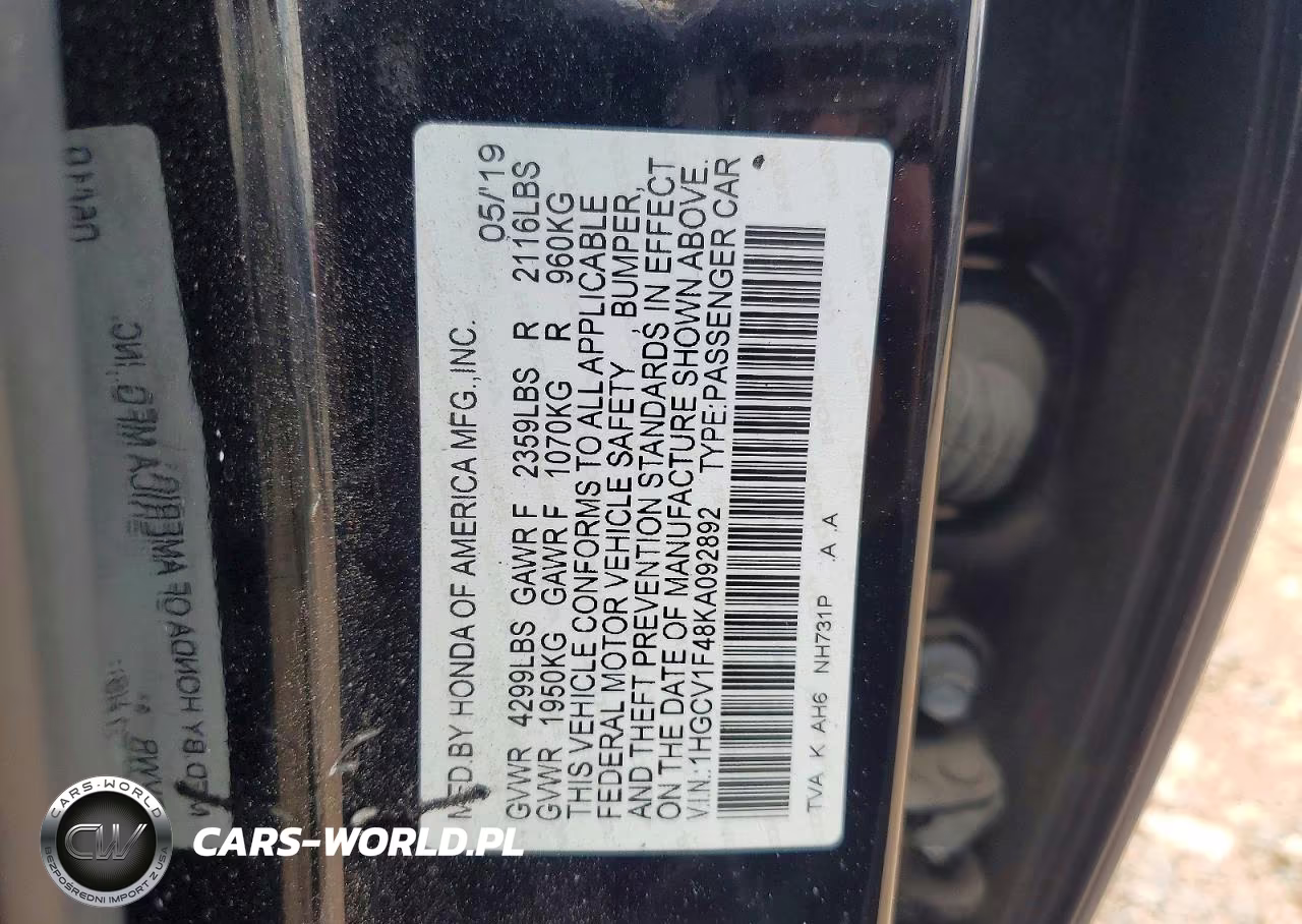 2019 Honda Accord Ex VIN:1HGCV1F48KA092892 - 12