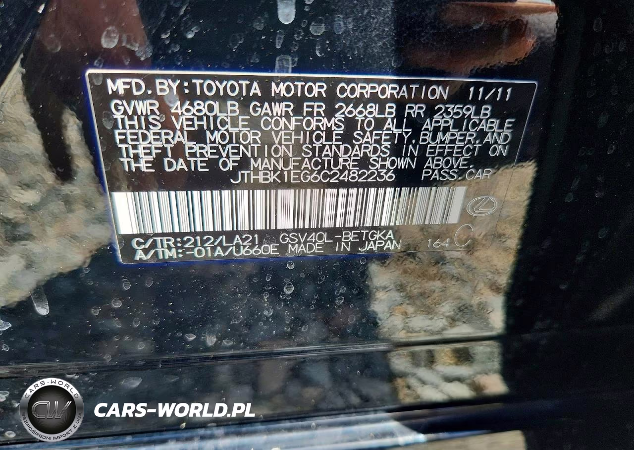 2012 Lexus Es 350 VIN:JTHBK1EG6C2482236 - 12