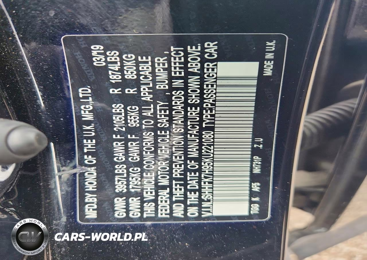 2019 Honda Civic Sport Touring VIN:SHHFK7H95KU221080 - 12