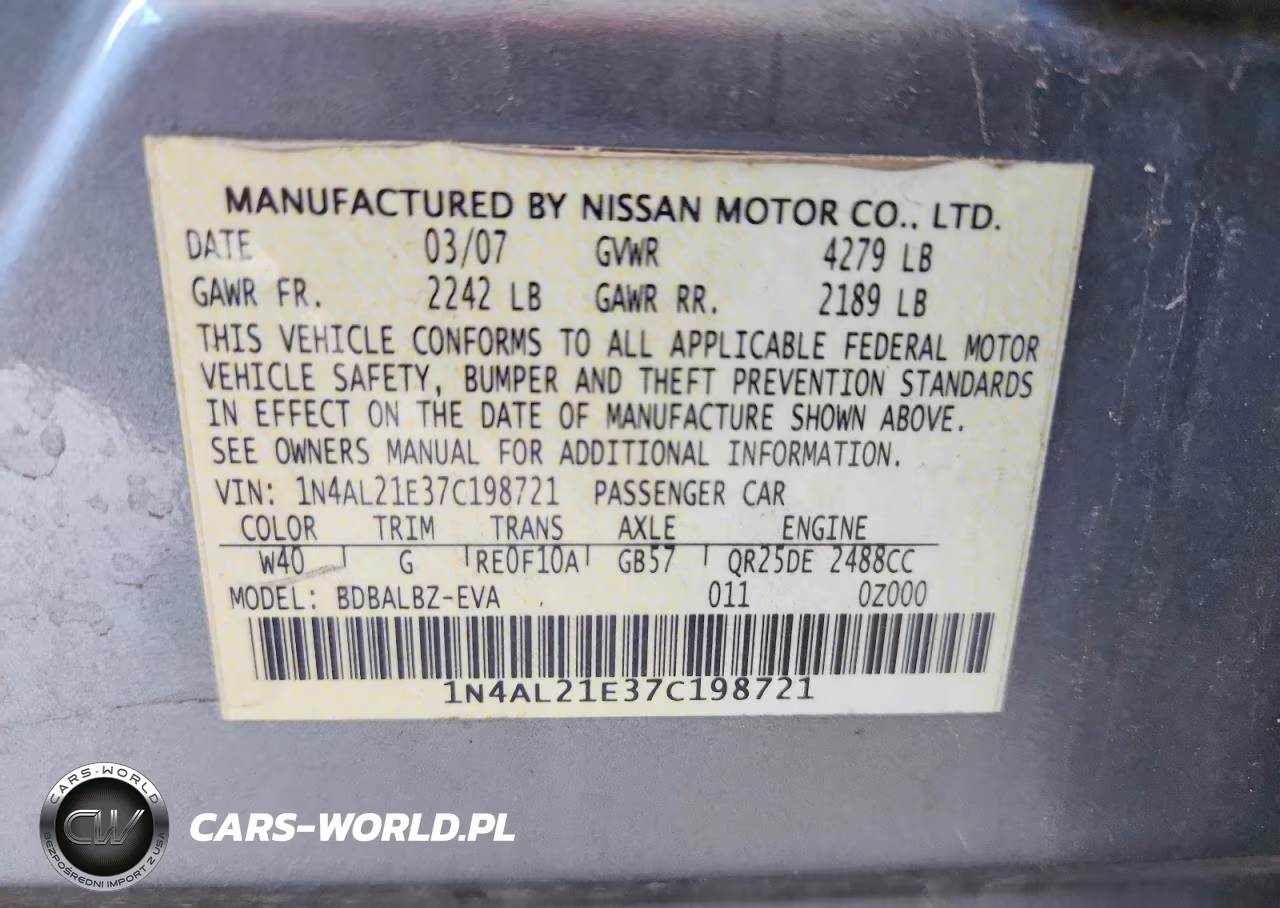 2007 Nissan Altima 2.5 VIN:1N4AL21E37C198721 - 12