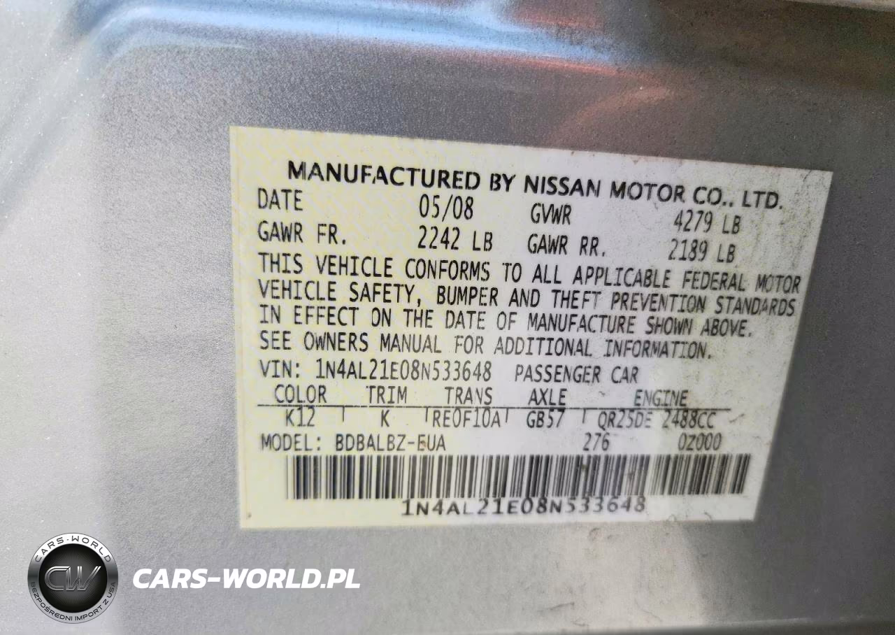2008 Nissan Altima 2.5 VIN:1N4AL21E08N533648 - 12