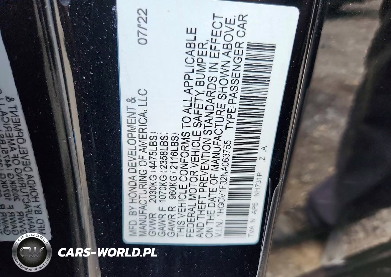 2022 Honda Accord Sport VIN:1HGCV1F32NA063755 - 12