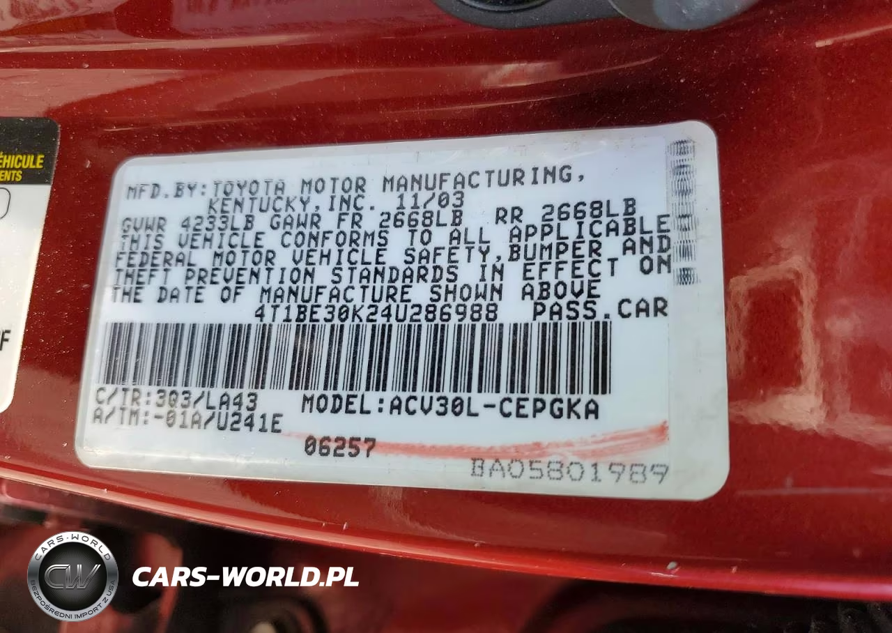 2004 Toyota Camry Xle VIN:4T1BE30K24U286988 - 12