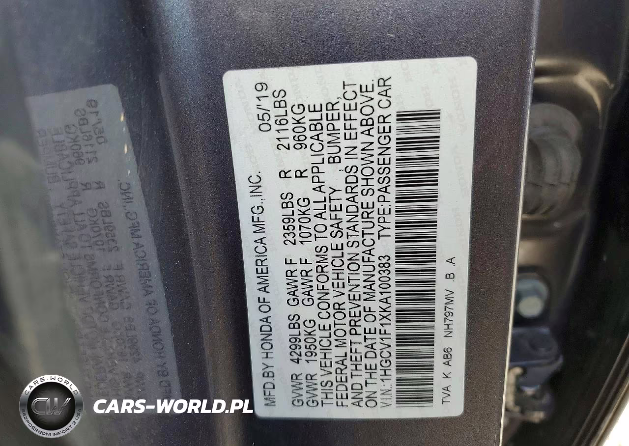 2019 Honda Accord Lx VIN:1HGCV1F1XKA100383 - 12