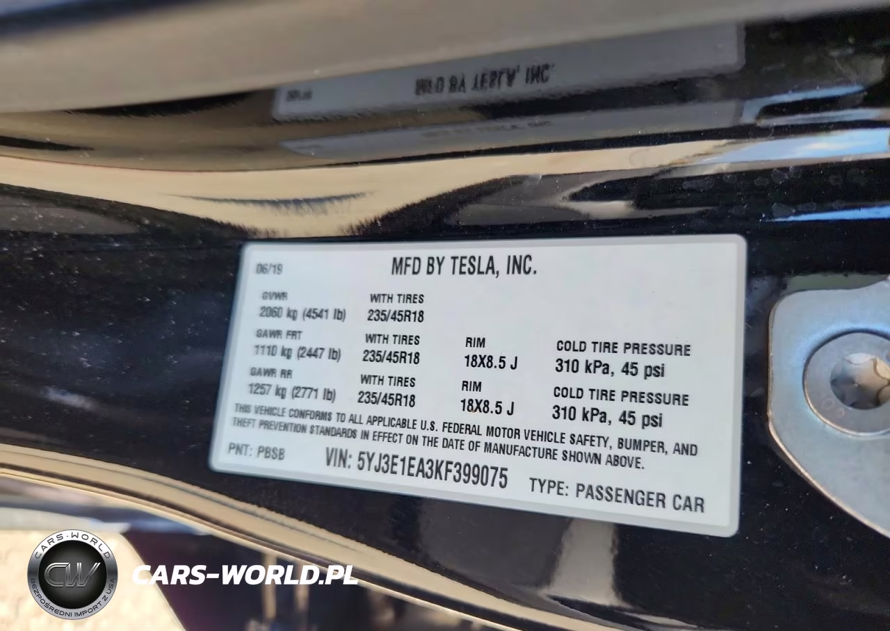 2019 Tesla Model 3 VIN:5YJ3E1EA3KF399075 - 12